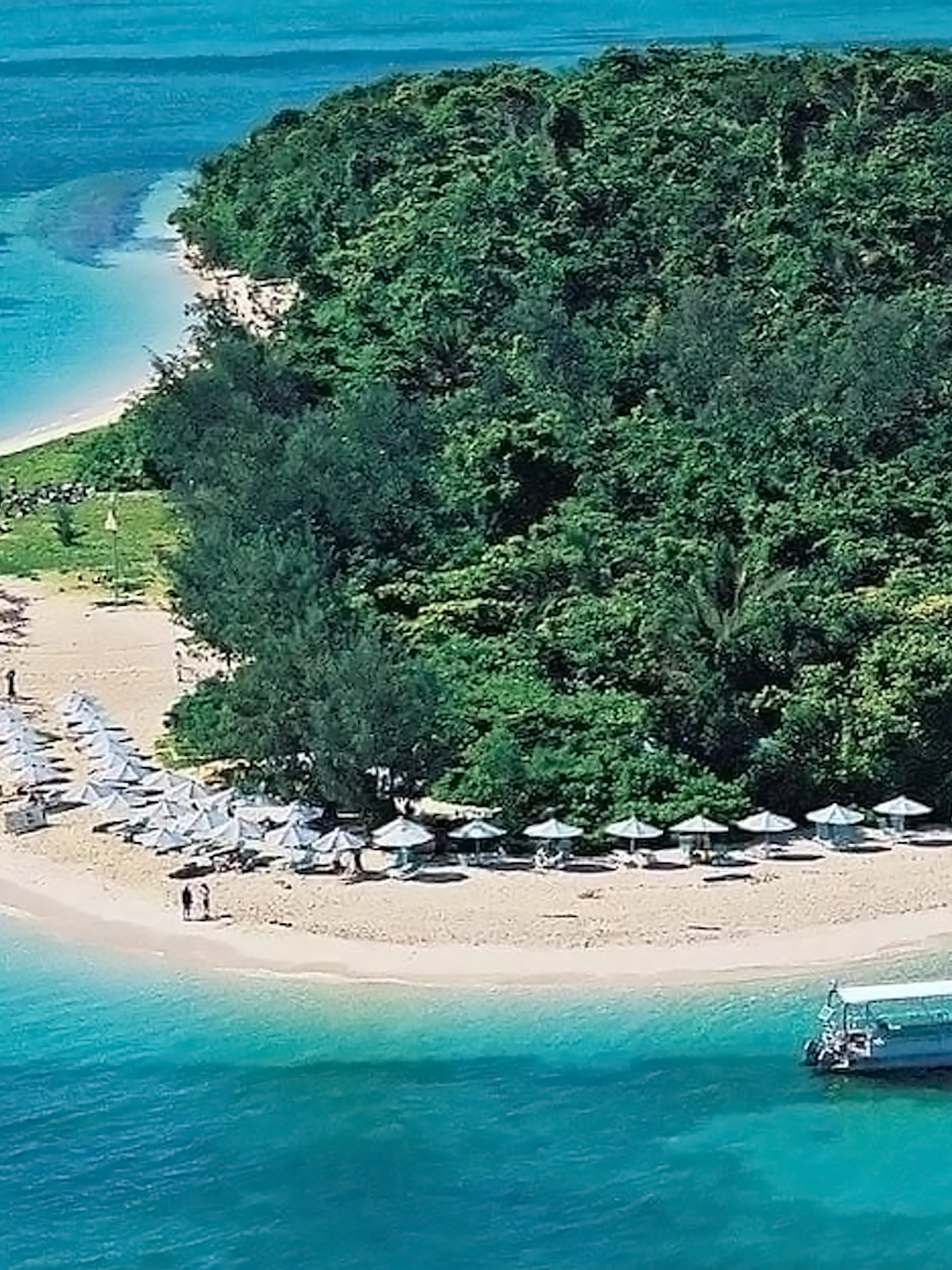 Catamaran near Green Island beach with semi-submarine in clear water.