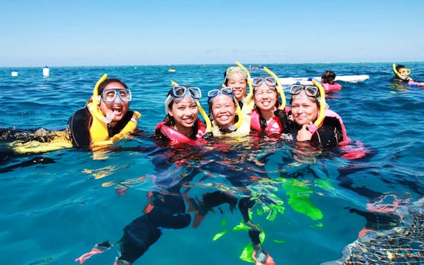 Snorkelers enjoying the Great Barrier Reef Adventure Cruise in clear blue waters.