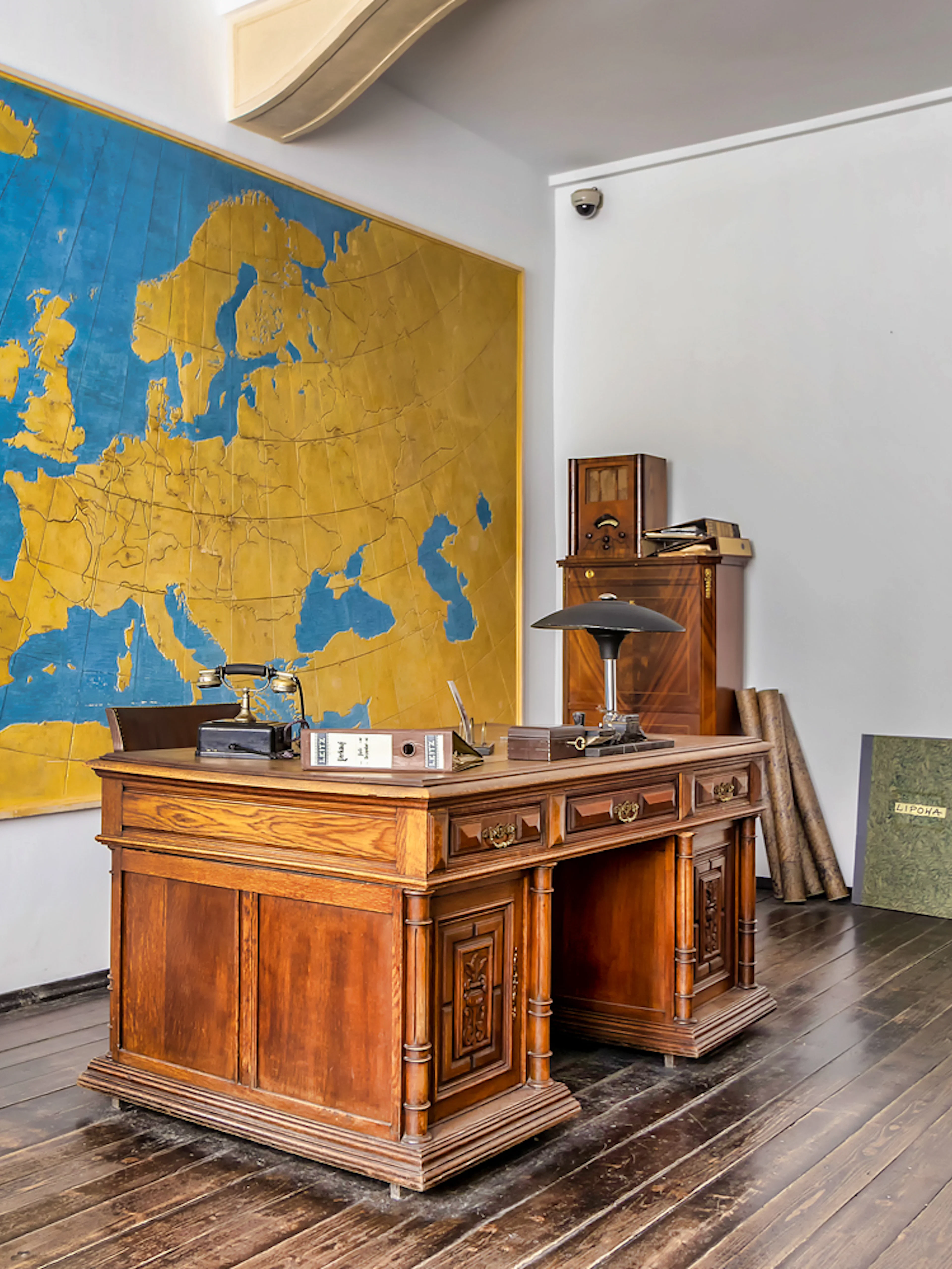 Oskar Schindler's office with a large map on the wall in Schindler's Factory, Krakow.