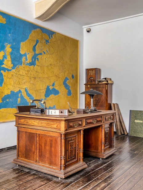 Oskar Schindler's office with a large map on the wall in Schindler's Factory, Krakow.