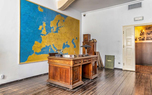Oskar Schindler's office with a large map on the wall in Schindler's Factory, Krakow.