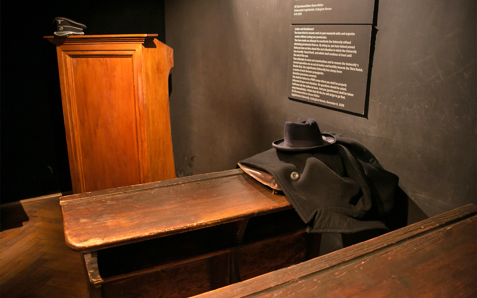 Podium and coat display at Oskar Schindler's Factory, Krakow.