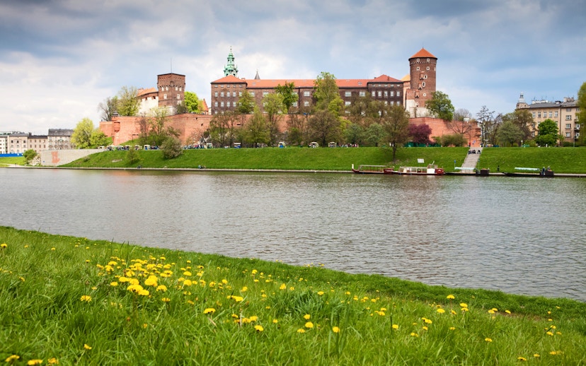 Wawel Castle and Cathedral viewed from across the Vistula River in Krakow.