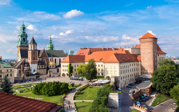 Wawel Castle complex with cathedral and courtyard in Kraków, Poland, seen from above.