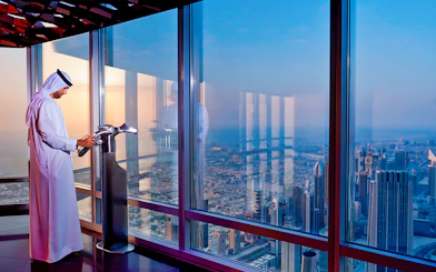 Viewing platform at Burj Khalifa, Dubai, with cityscape view from levels 124 and 125.