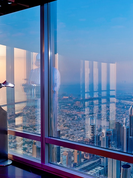 Viewing platform at Burj Khalifa, Dubai, with cityscape view from levels 124 and 125.