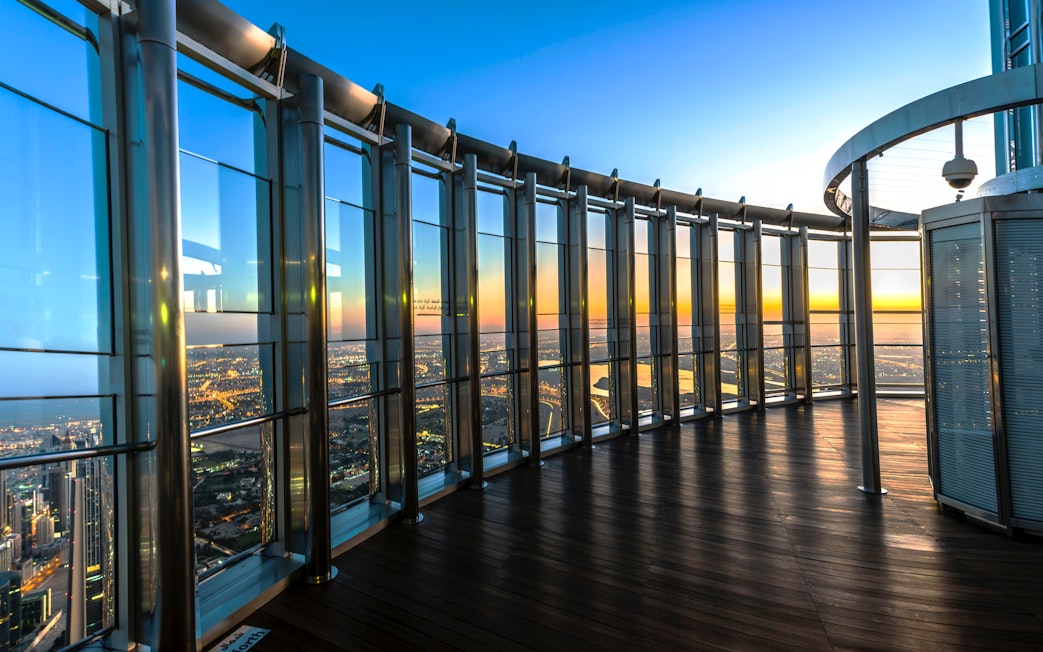 Burj Khalifa observation deck view, Dubai skyline, IMG Worlds of Adventure combo offer.