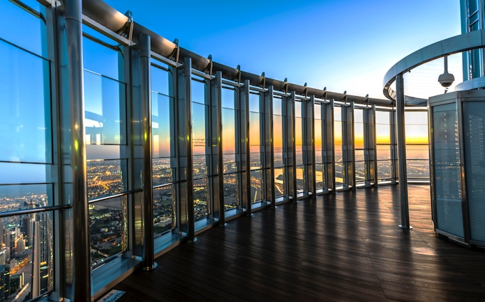 Burj Khalifa observation deck view, Dubai skyline, IMG Worlds of Adventure combo offer.