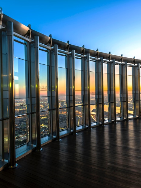 Burj Khalifa observation deck view, Dubai skyline, IMG Worlds of Adventure combo offer.