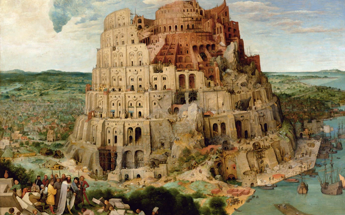 Tower of Babel painting in Kunsthistorisches Museum, Vienna, depicting a massive spiraling structure.