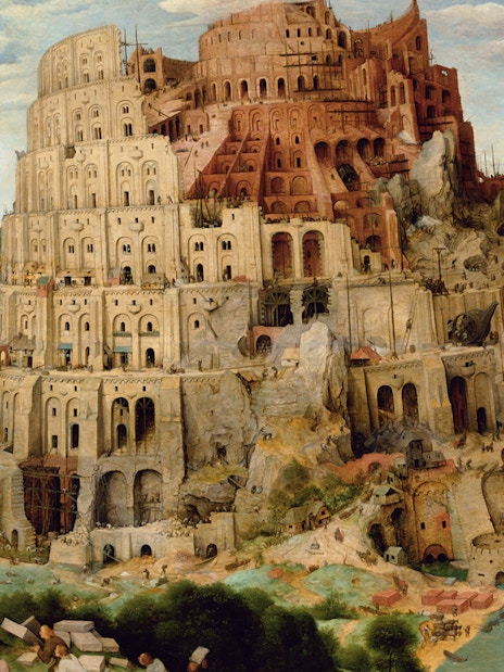 Tower of Babel painting in Kunsthistorisches Museum, Vienna, depicting a massive spiraling structure.