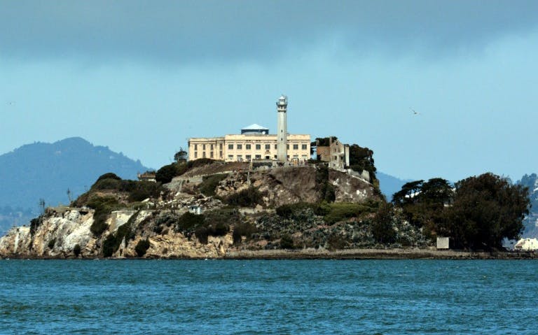 Alcatraz Island with historic prison building in San Francisco Bay.