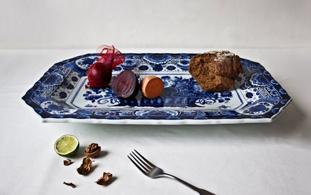 Delft Blue plate with vegetables and bread, Royal Delft Blue Factory.