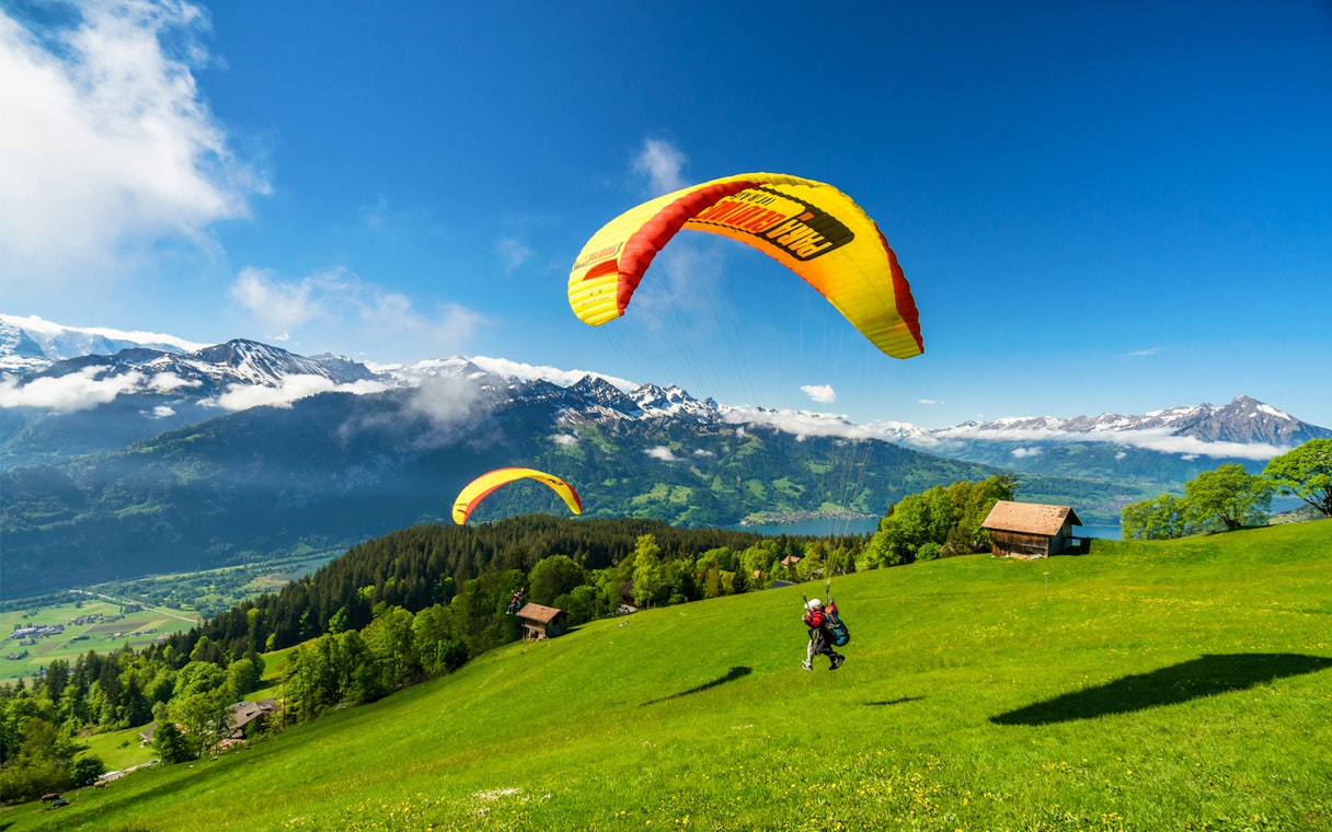 Paragliders soaring over green hills with snow-capped mountains in Interlaken, Switzerland.