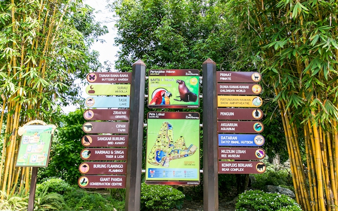 Zoo Negara signpost with directions to attractions including the Panda Conservation Centre.