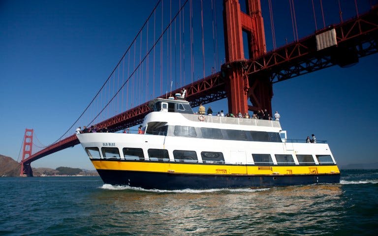 Cruise ship under Golden Gate Bridge during Muir Woods & Sausalito Tour.