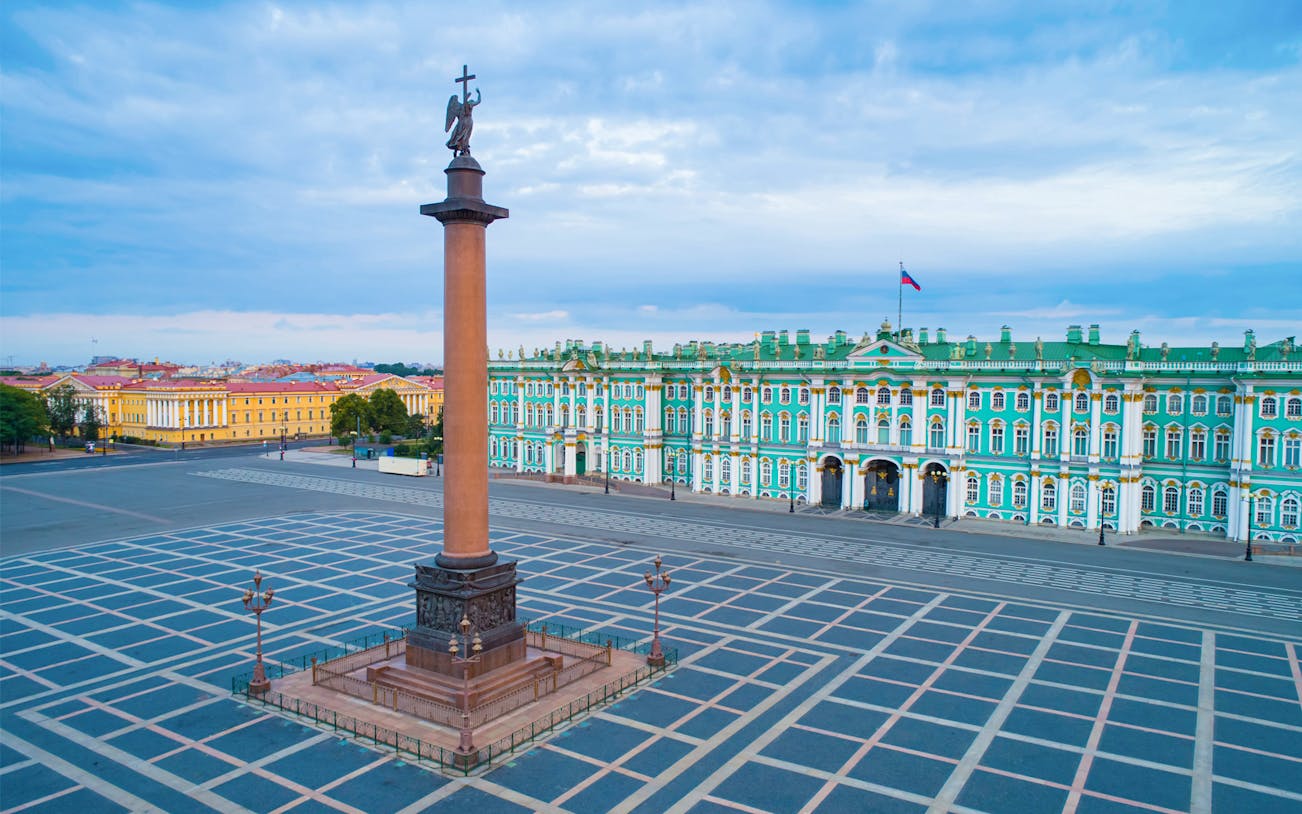 Alexander Column in Palace Square, Hermitage Museum, St. Petersburg.