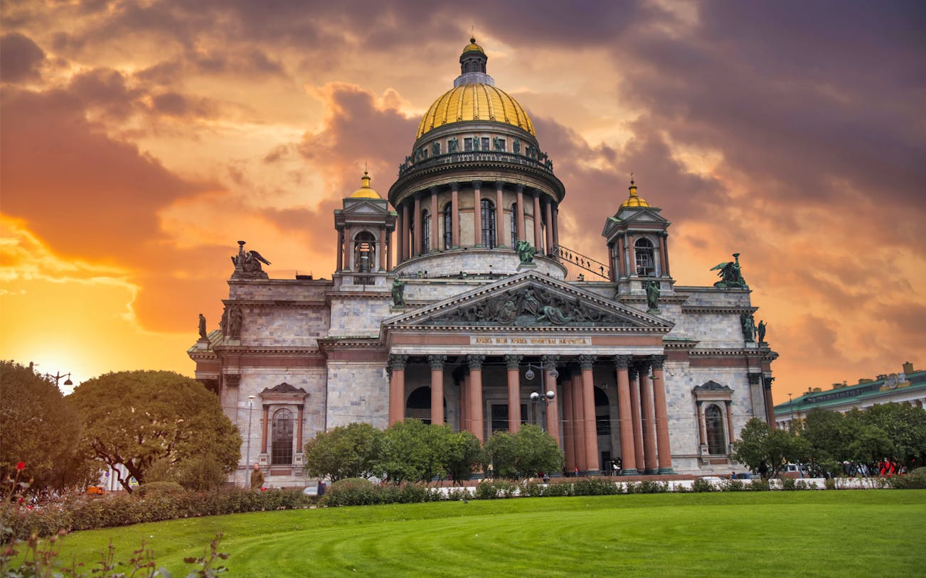 St. Isaac's Cathedral at sunset, part of the Full-Day City Tour with Hermitage Museum excursion.