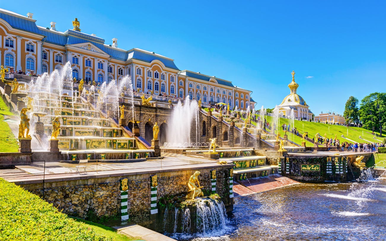 Great Peterhof Palace fountains and gardens during guided bus tour.