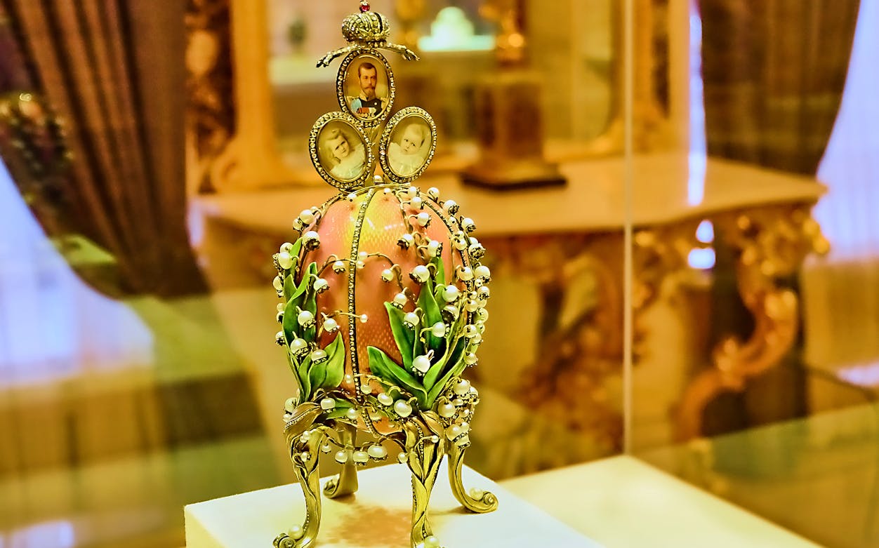 Fabergé egg display at Fabergé Museum during guided tour.