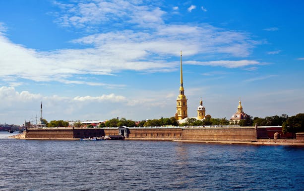 Peter and Paul Fortress viewed from the Neva River, St. Petersburg, on a sightseeing canal cruise.