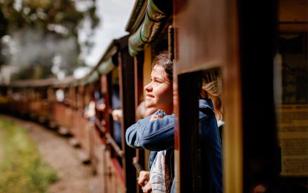 Person enjoying the view from Puffing Billy Railway train window.