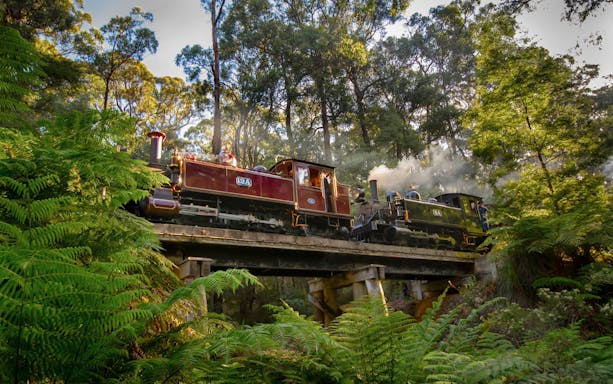 Steam train crossing a bridge in lush forest on Puffing Billy Railway, Australia.