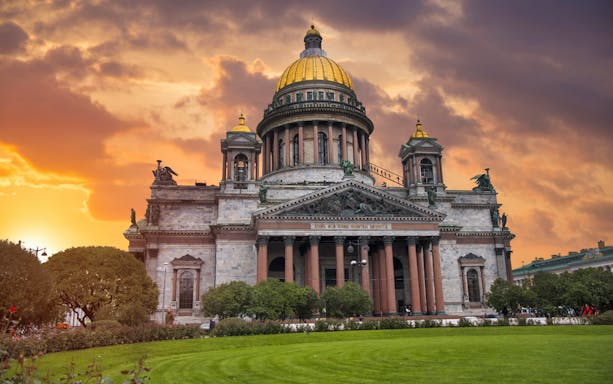 St. Isaac's Cathedral at sunset during an evening excursion along Nevsky Prospekt, St. Petersburg.