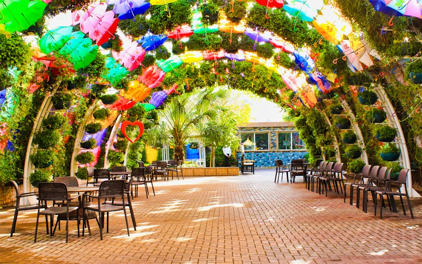 Colorful umbrella archway at Dubai Butterfly Garden with seating area.