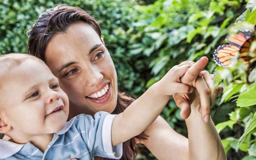 Mother and son observing a butterfly at Dubai Butterfly Garden.