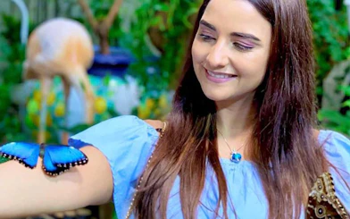Woman smiling at a blue butterfly on her arm at Dubai Butterfly Garden.