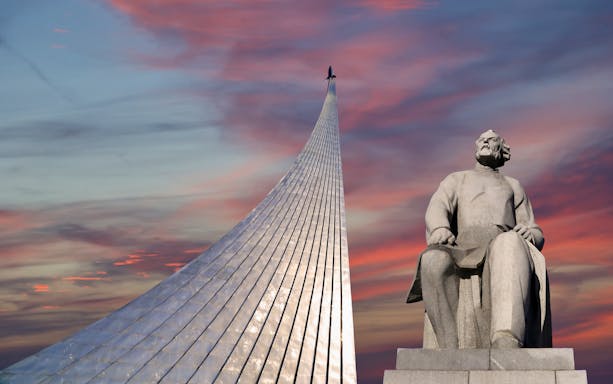 Monument to the Conquerors of Space at sunset, Moscow.