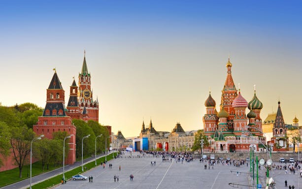 Kremlin and St. Basil's Cathedral in Moscow during city sightseeing tour.