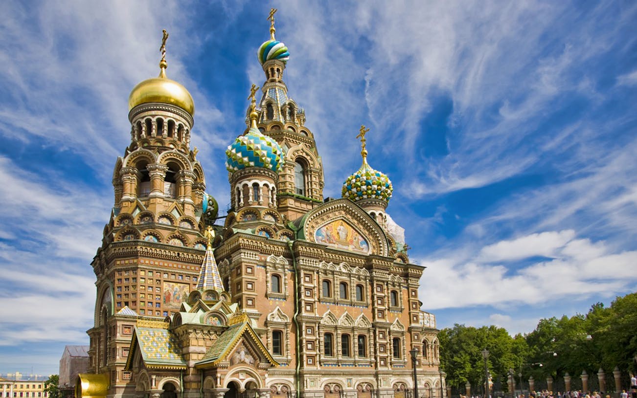 Church of the Savior on Spilled Blood in St. Petersburg, Russia, with colorful domes.