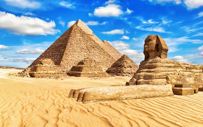 Pyramids and Sphinx in Giza, Egypt, site of private quad and camel ride tour.