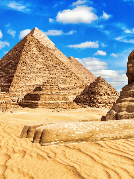 Pyramids and Sphinx in Giza, Egypt, site of private quad and camel ride tour.