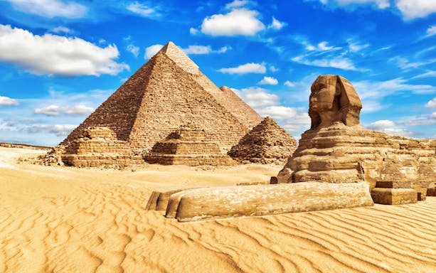 Pyramids and Sphinx in Giza, Egypt, site of private quad and camel ride tour.