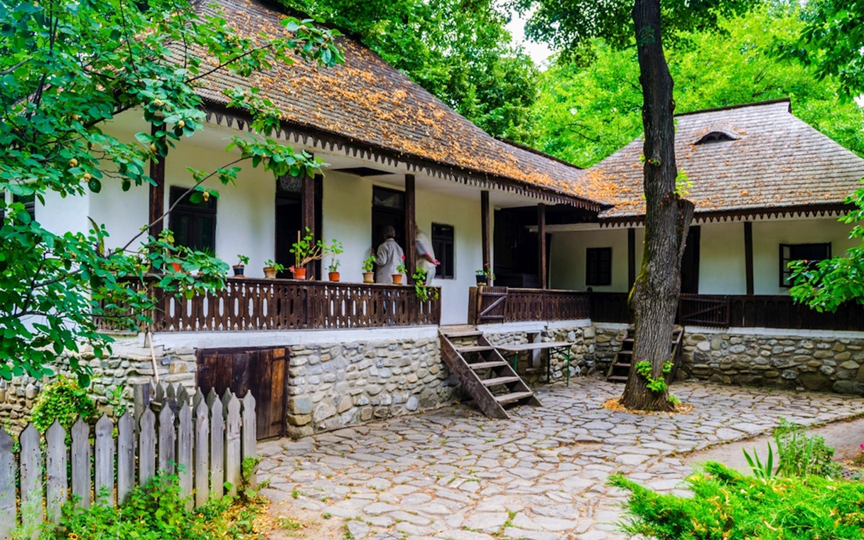 Traditional Romanian house at Bucharest's Village Museum during a private sightseeing tour.