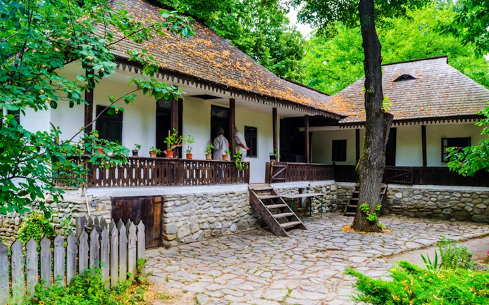 Traditional Romanian house at Bucharest's Village Museum during a private sightseeing tour.