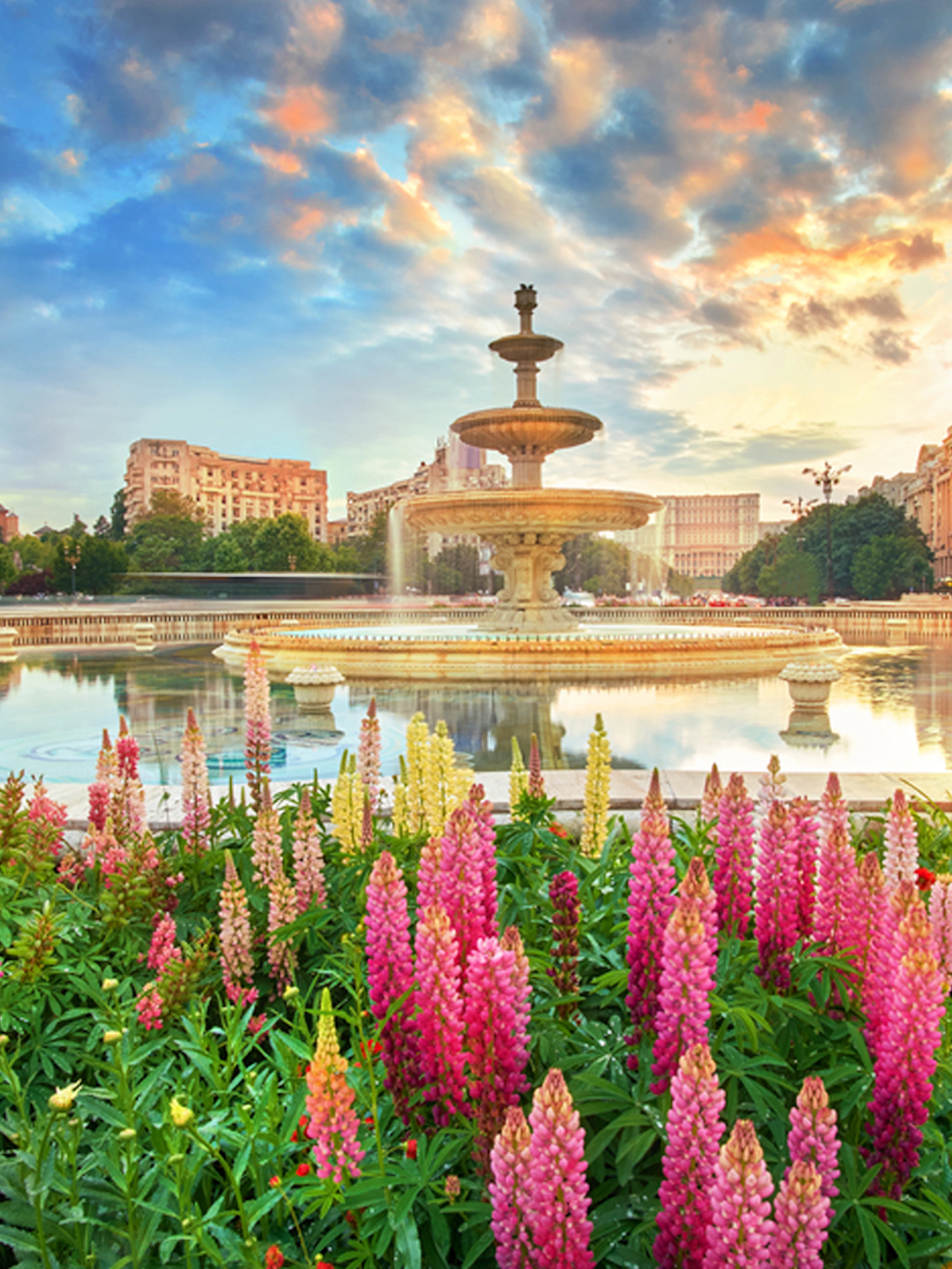 Fountain in Bucharest surrounded by colorful flowers at sunset, part of a private sightseeing tour.