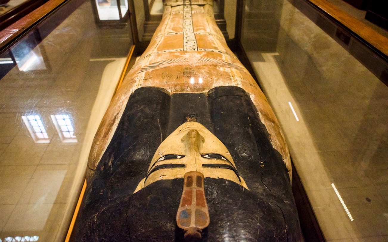 Sarcophagus in the Egyptian Museum during a guided tour.