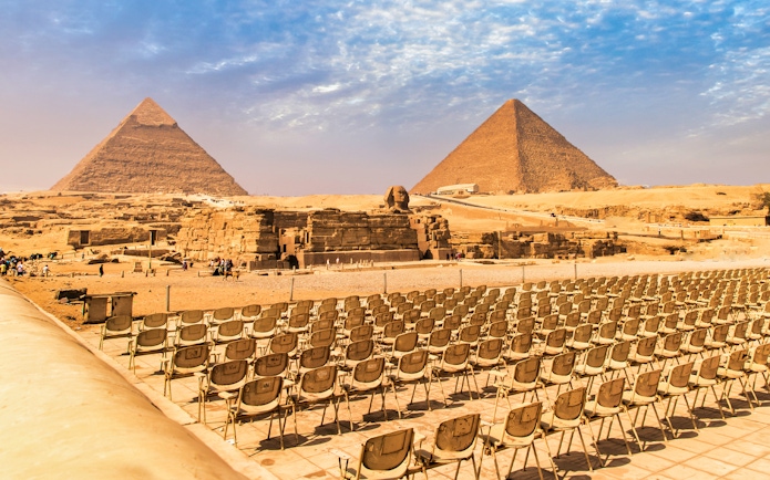 Pyramids of Giza and Sphinx with seating area, Egypt.