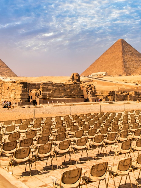 Pyramids of Giza and Sphinx with seating area, Egypt.