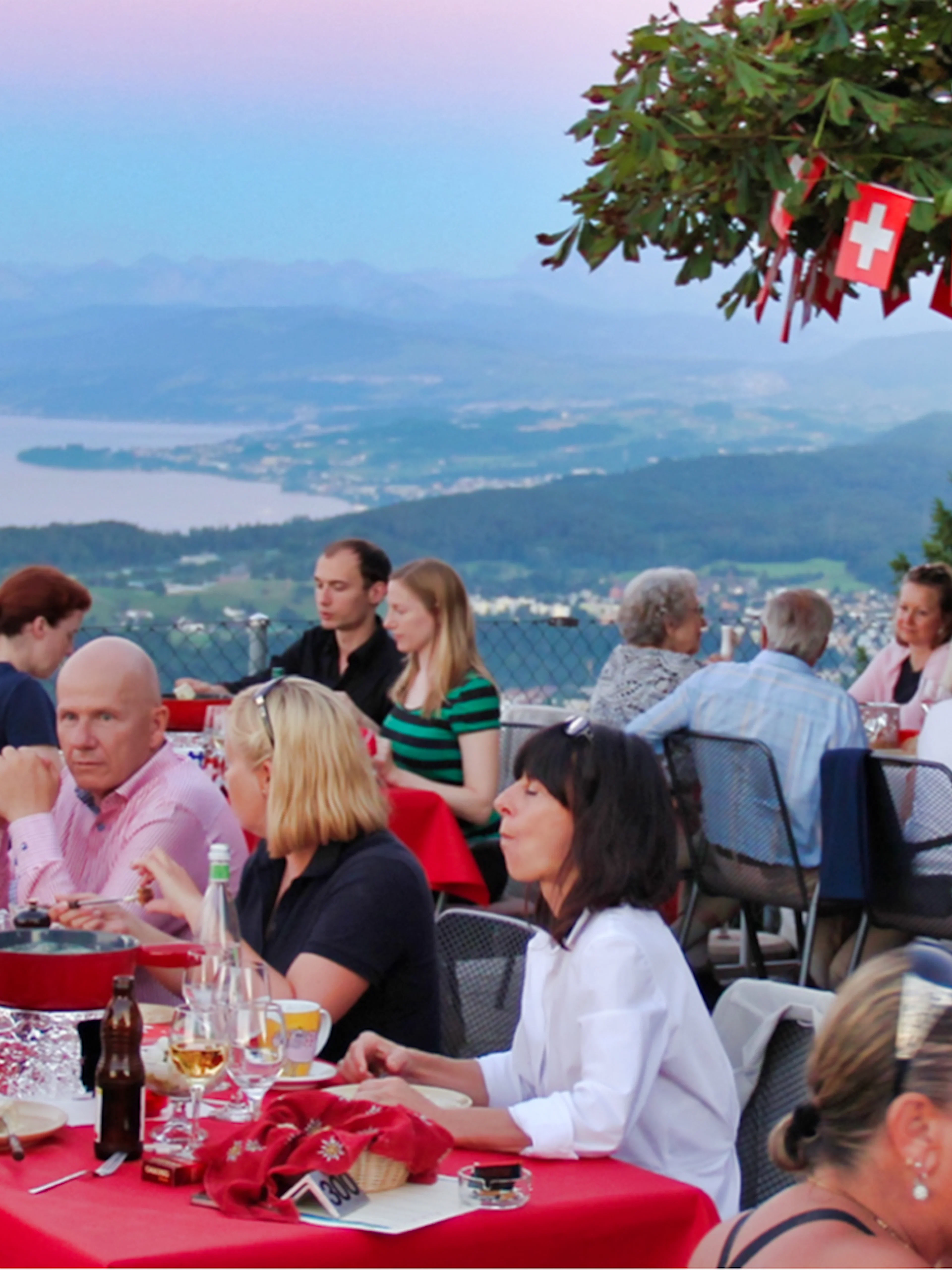 Dining with a view of Lake Zürich during an evening tour, featuring gourmet dinner and cheese fondue.