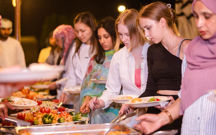 Buffet dinner during a desert safari tour in Dubai.