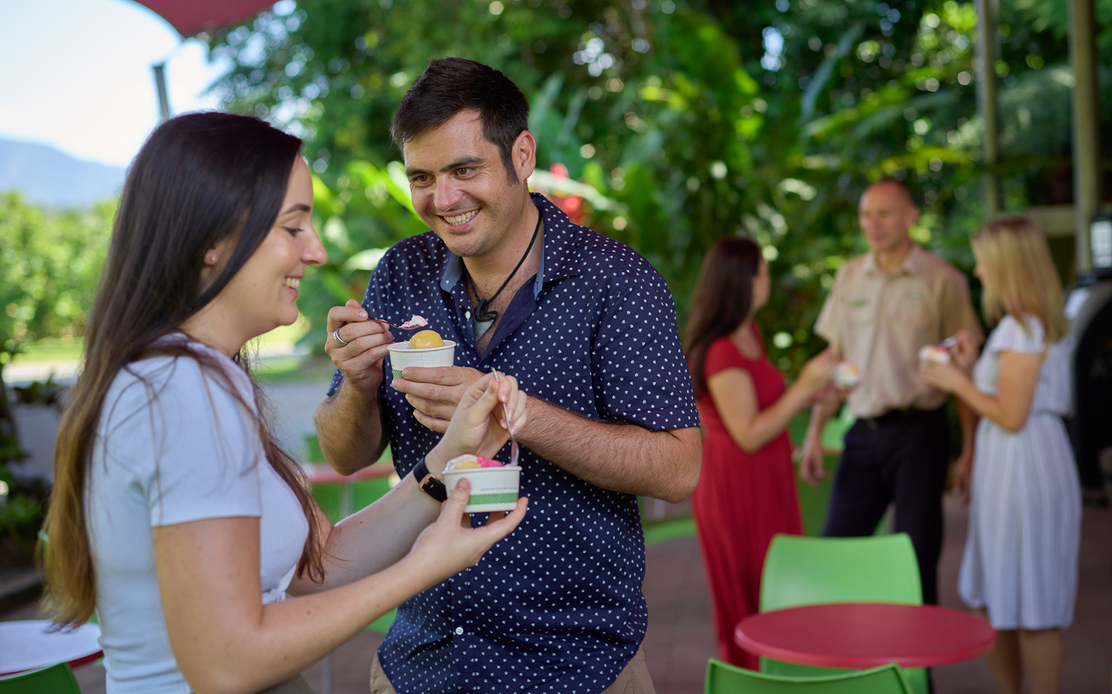 Tourists enjoying ice cream during a guided tour in Cape Tribulation, Daintree & Mossman Gorge.