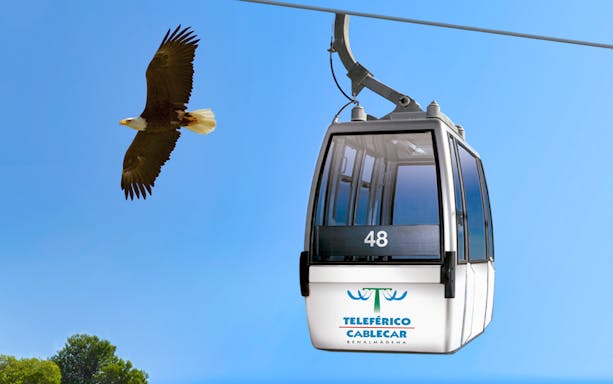 Benalmadena cable car with bird flying nearby against blue sky.
