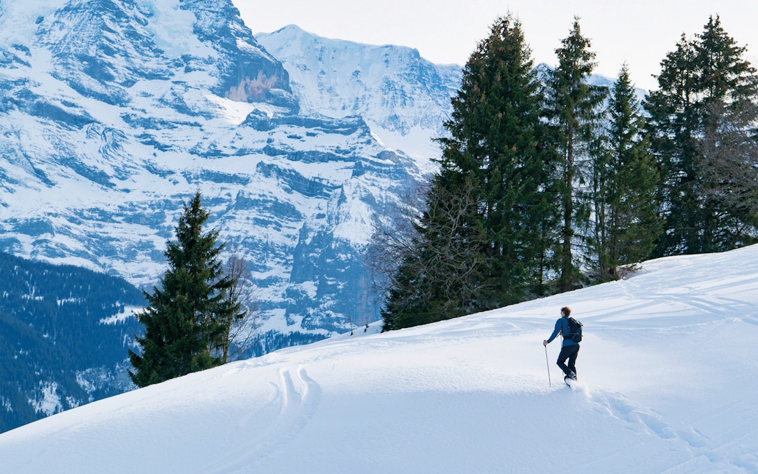 Snowshoer ascending snowy slope towards Lobhornhütte, Swiss Alps backdrop.