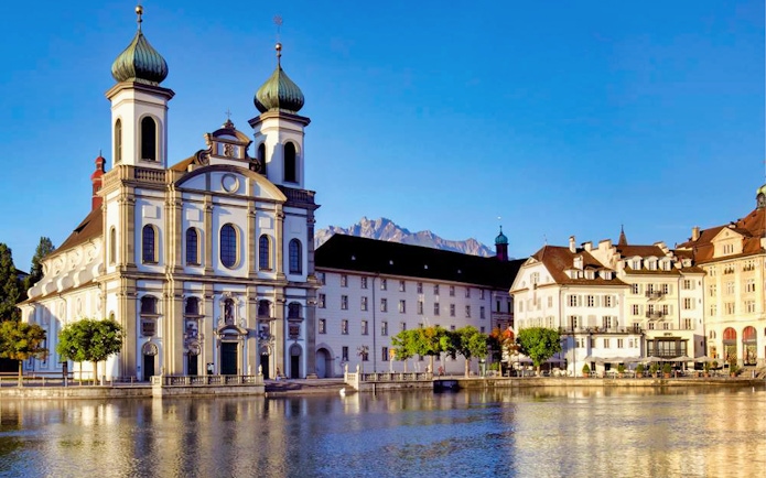 Jesuit Church in Lucerne by the Reuss River, seen on a day trip from Zürich.
