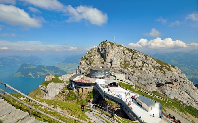 Mount Pilatus summit view with visitors on a guided tour from Zürich.